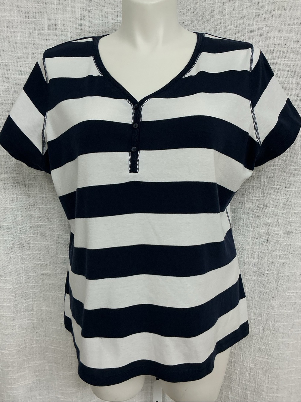 dressbarn Navy and White Striped Short Sleeve Henley